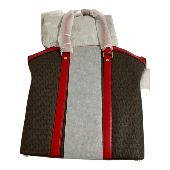 Michael Kors Bedford Travel Large Logo Stripe Dome Tote Bag Red NEW - Picture 4 of 7